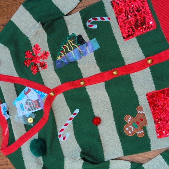 Rockin Around - NWT Ugly Christmas Cardigan Sweater with ELF Stripes - Picture 3 of 5